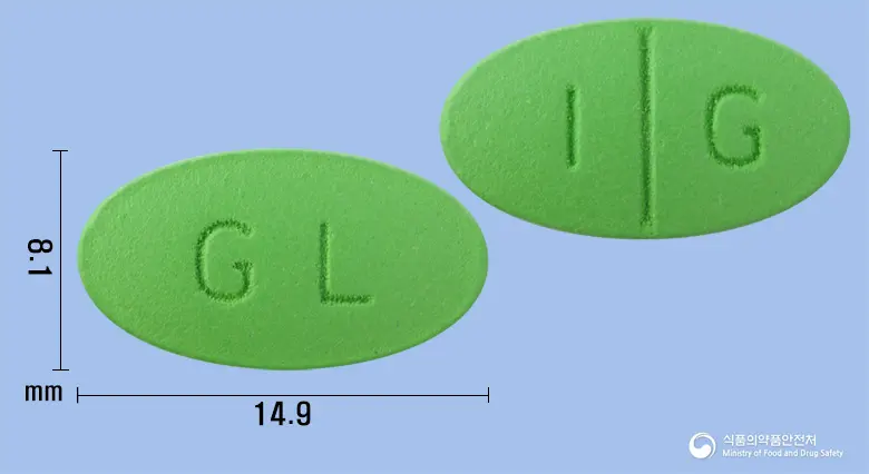 징코렉신정 앞뒤 사진 (연두색 타원형, 각인 GL / I G)