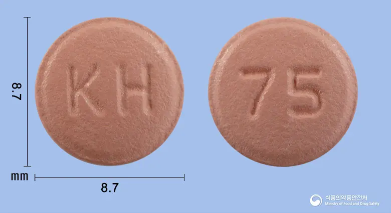 네오빅스정(클로피도그렐황산수소염) 앞뒤 사진 (분홍색 원형, 각인 KH / 75)