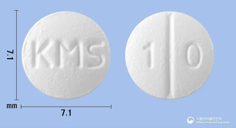 베폰스정(베포타스틴베실산염) 앞뒤 사진 (흰색 원형, 각인 KMS / 1 0)