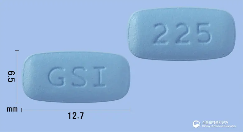 데스코비정 200/25 mg 앞뒤 사진 (파란색 사각형, 각인 GSI / 225)