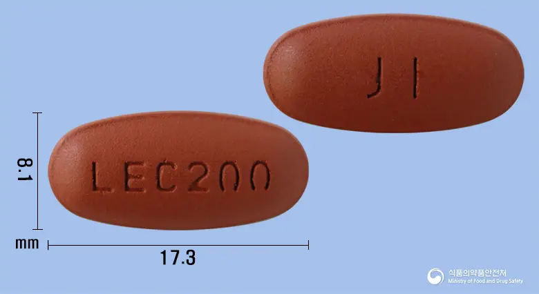 트리도파정200/50/200밀리그램 앞뒤 사진 (갈색 타원형, 각인 LEC200 / JI)