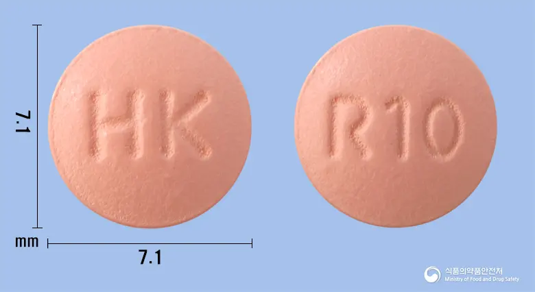 케이로틴정10mg(로수바스타틴칼슘) 앞뒤 사진 (분홍색 원형, 각인 HK / R10)