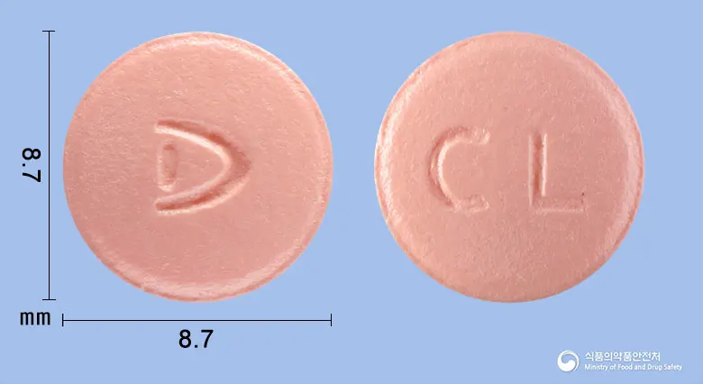 다림클로피도그렐정75mg(클로피도그렐황산수소염) 앞뒤 사진 (분홍색 원형, 각인 CL)
