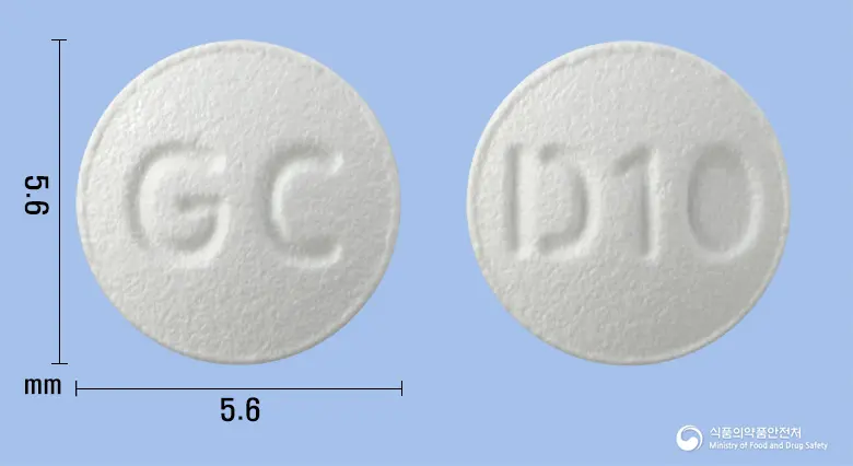 네오아토정10밀리그램(아토르바스타틴칼슘수화물) 앞뒤 사진 (흰색 원형, 각인 GC / D10)