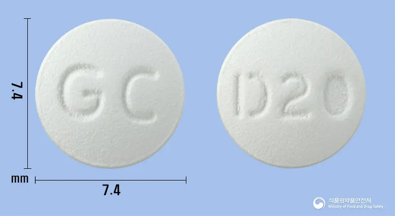 네오아토정20밀리그램(아토르바스타틴칼슘수화물) 앞뒤 사진 (흰색 원형, 각인 GC / D20)