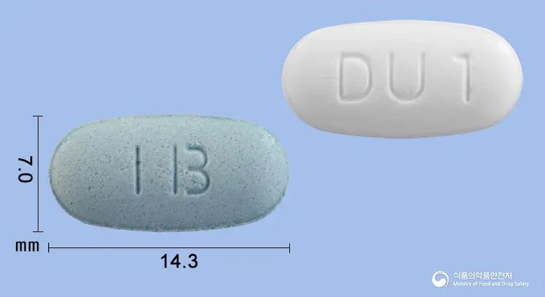 듀이스타정40/5mg 앞뒤 사진 (파란색 타원형, 각인 DU1)