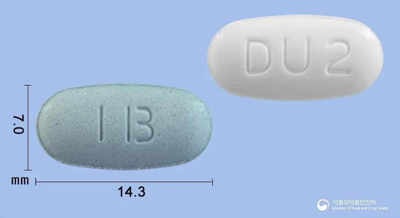 듀이스타정40/10mg 앞뒤 사진 (파란색 타원형, 각인 DU2)