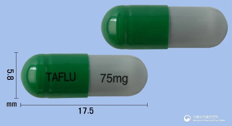 유타플루캡슐75밀리그램(오셀타미비르인산염) 앞뒤 사진 (초록색 캡슐, 각인 TAFLU 75mg)
