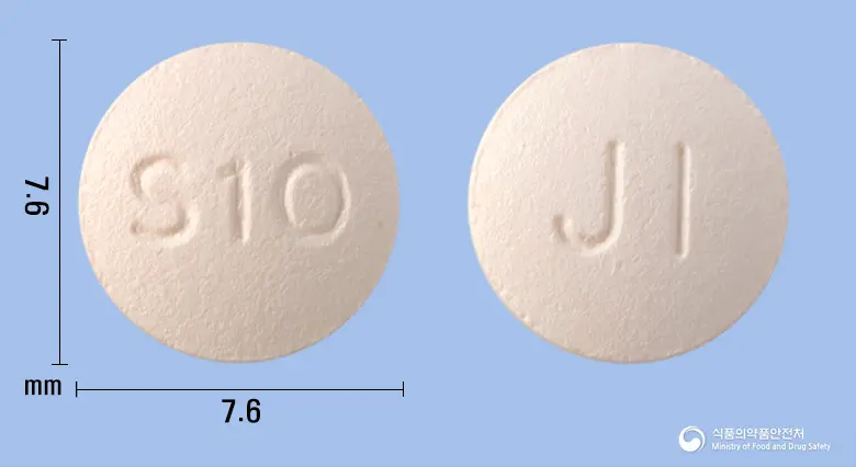 솔리나신정10밀리그램(솔리페나신숙신산염) 앞뒤 사진 (분홍색 원형, 각인 S10 / JI)