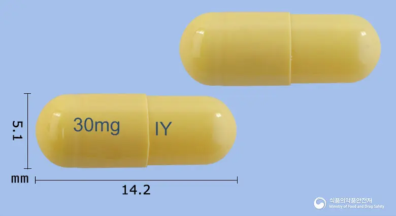 플루렉스캡슐30밀리그램(오셀타미비르인산염) 앞뒤 사진 (노란색 캡슐, 각인 30mg IY)