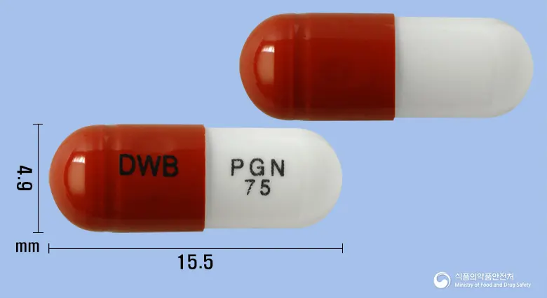 리리베아캡슐75mg(프레가발린) 앞뒤 사진 (갈색 캡슐, 각인 DWB PGN 75)
