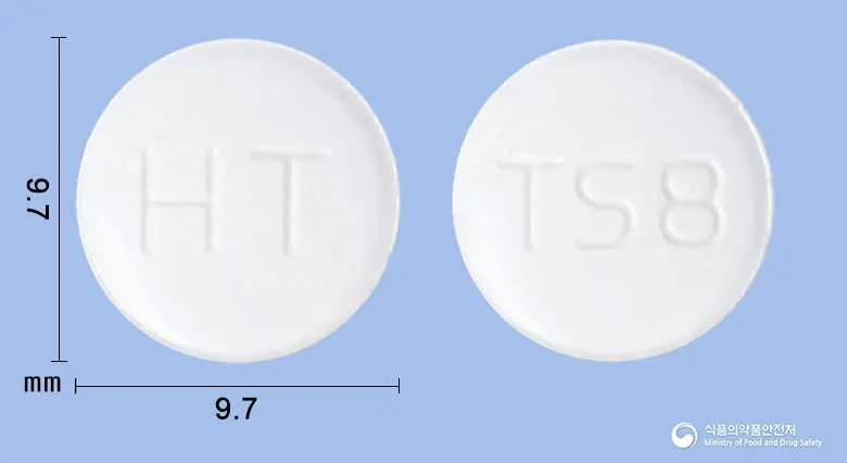 하이퍼텔미정80mg(텔미사르탄) 앞뒤 사진 (흰색 원형, 각인 HT / TS8)