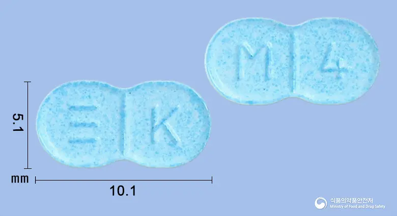 메디롤정4mg(글리메피리드) 앞뒤 사진 (파란색 기타, 각인 K / M 4)