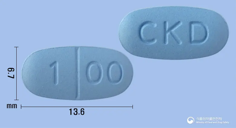 센글라정100밀리그램(실데나필시트르산염) 앞뒤 사진 (파란색 타원형, 각인 1 00 / CKD)