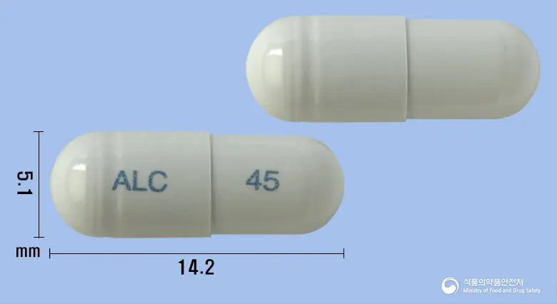 타미프로캡슐45밀리그램 (오셀타미비르인산염) 앞뒤 사진 (회색 캡슐, 각인 ALC 45)