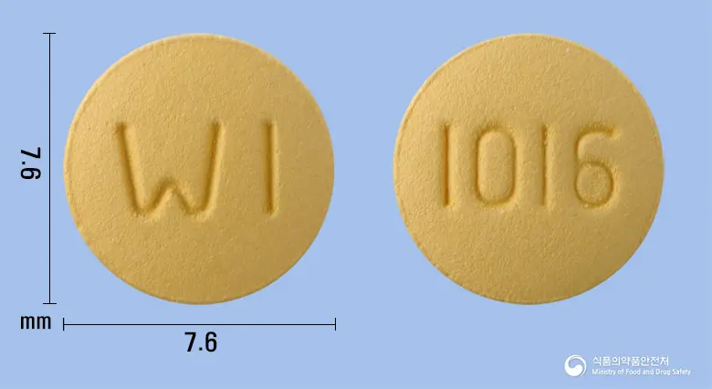 콤비로칸정10/16밀리그램 앞뒤 사진 (주황색 원형, 각인 WI / 1016)
