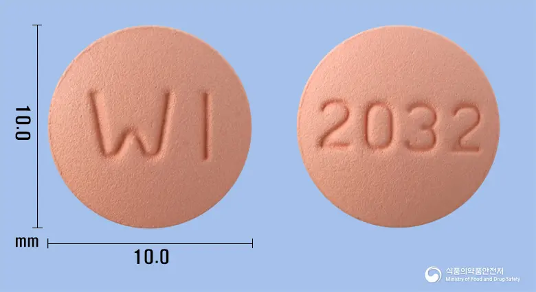 콤비로칸정20/32밀리그램 앞뒤 사진 (분홍색 원형, 각인 WI / 2032)