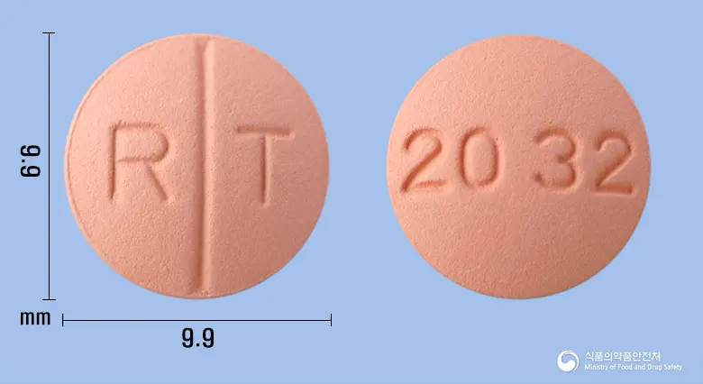 로타칸정 20/32밀리그램 앞뒤 사진 (분홍색 원형, 각인 R T / 2032)