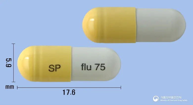 신풍플루캡슐75밀리그램(오셀타미비르인산염) 앞뒤 사진 (노란색 캡슐, 각인 SP flu 75)