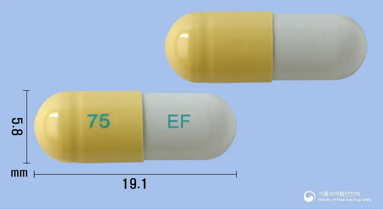 이지플루캡슐75mg(오셀타미비르인산염) 앞뒤 사진 (노란색 캡슐, 각인 75 EF)