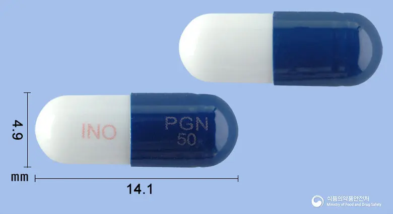 카발린캡슐50밀리그램(프레가발린) 앞뒤 사진 (파란색 캡슐, 각인 INO PGN 50)