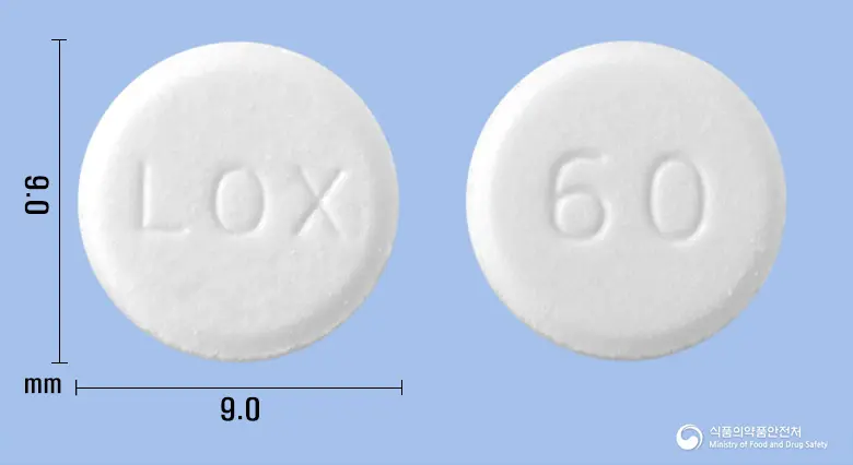 록소리펜정(록소프로펜나트륨수화물) 앞뒤 사진 (흰색 원형, 각인 LOX / 60)