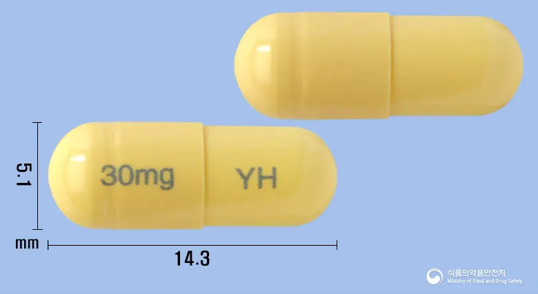 유한엔플루캡슐30밀리그램(오셀타미비르인산염) 앞뒤 사진 (노란색 캡슐, 각인 30mg YH)