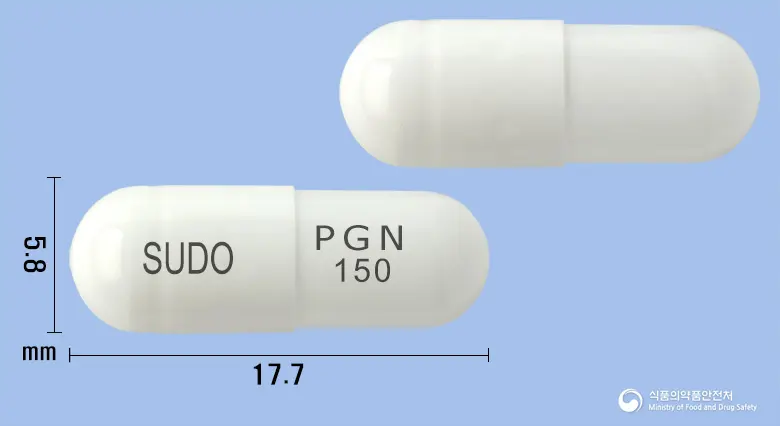 프레뉴캡슐150밀리그램(프레가발린) 앞뒤 사진 (흰색 캡슐, 각인 SUDO PGN 150)