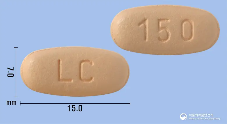 라코정150밀리그램(라코사미드) 앞뒤 사진 (분홍색 타원형, 각인 LC / 150)