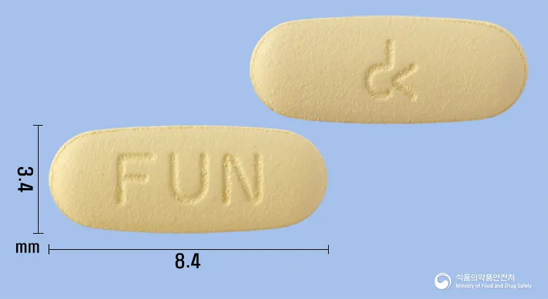 페북센정80밀리그램(페북소스타트) 앞뒤 사진 (노란색 타원형, 각인 FUN)