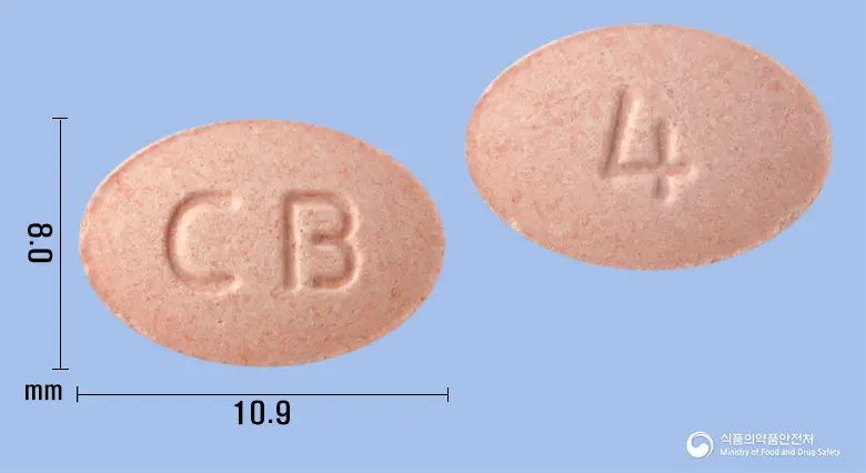 몬테로스츄정4mg(몬테루카스트나트륨) 앞뒤 사진 (분홍색 타원형, 각인 CB / 4)