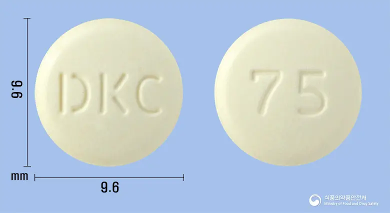 유로바스정75mg(나프토피딜) 앞뒤 사진 (흰색 원형, 각인 DKC / 75)