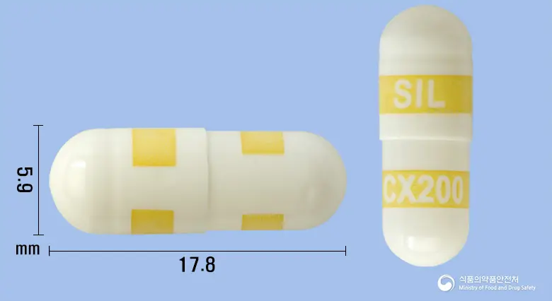 셀코빅스캡슐200밀리그램(세레콕시브) 앞뒤 사진 (흰색 캡슐, 각인 SILCX200)