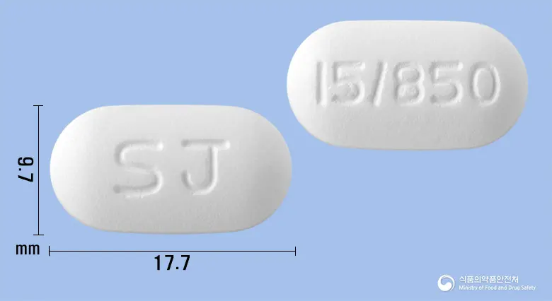 글레존메트정15/850밀리그램 앞뒤 사진 (흰색 장방형, 각인 SJ / 15/850)