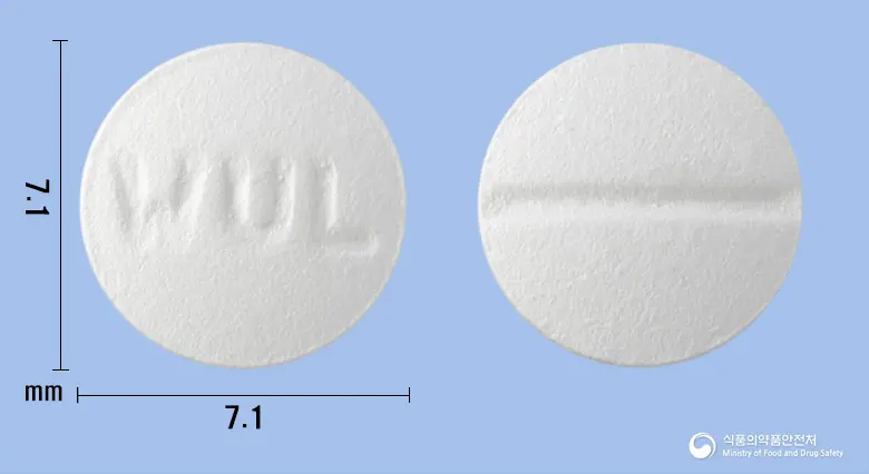 타스온정10mg(베포타스틴베실산염) 앞뒤 사진 (흰색 원형, 각인 WUL)