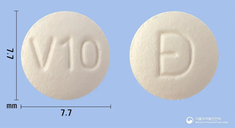 베시솔정10밀리그램(솔리페나신숙신산염) 앞뒤 사진 (흰색 원형, 각인 V10)
