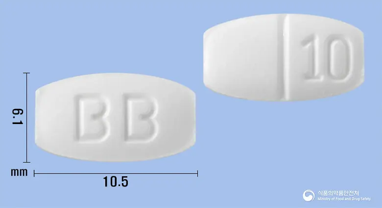 바브론정10mg(부스피론염산염) 앞뒤 사진 (흰색 타원형, 각인 BB / 10)