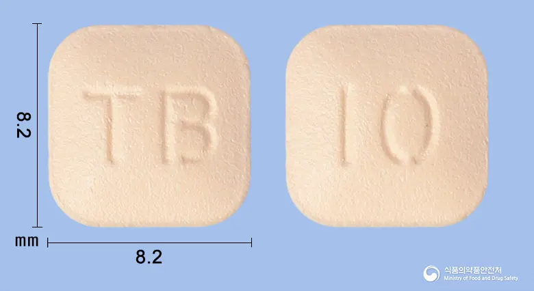 몬테로스정10mg(몬테루카스트나트륨) 앞뒤 사진 (분홍색 사각형, 각인 TB / 10)