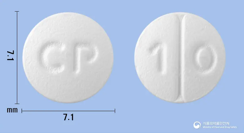 타리원정10mg(베포타스틴베실산염) 앞뒤 사진 (흰색 원형, 각인 CP / 1 0)