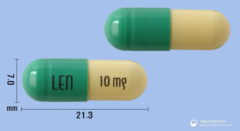 레날로마캡슐10밀리그램(레날리도마이드) 앞뒤 사진 (초록색 캡슐, 각인 LEn 10mg)