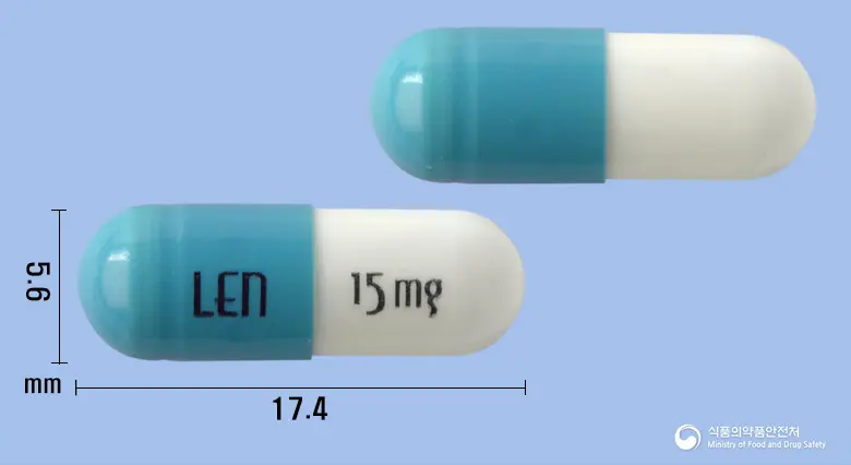 레날로마캡슐15밀리그램(레날리도마이드) 앞뒤 사진 (파란색 캡슐, 각인 LEn 15mg)