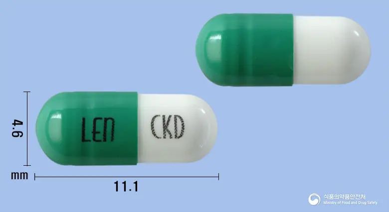 레날로마캡슐2.5밀리그램(레날리도마이드) 앞뒤 사진 (초록색 캡슐, 각인 LEn CKD)