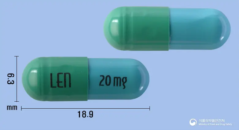 레날로마캡슐20밀리그램(레날리도마이드) 앞뒤 사진 (초록색 캡슐, 각인 LEn 20mg)