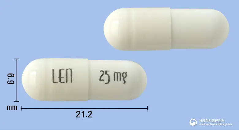 레날로마캡슐25밀리그램(레날리도마이드) 앞뒤 사진 (흰색 캡슐, 각인 LEn 25mg)