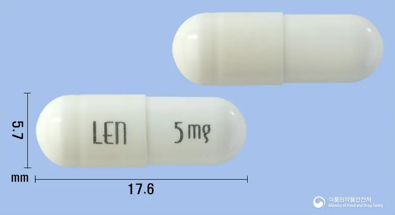 레날로마캡슐5밀리그램(레날리도마이드) 앞뒤 사진 (흰색 캡슐, 각인 LEn 5mg)