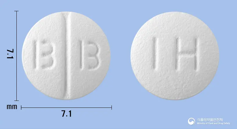 베포리논정10밀리그램(베포타스틴베실산염) 앞뒤 사진 (흰색 원형, 각인 B B / IH)
