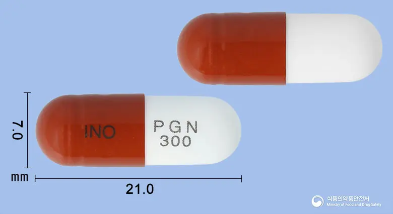카발린캡슐300밀리그램(프레가발린) 앞뒤 사진 (갈색 캡슐, 각인 INO PGN 300)