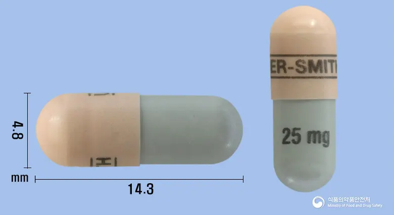 큐덱시서방캡슐25밀리그램(토피라메이트) 앞뒤 사진 (분홍색 캡슐, 각인 ------------UPSHER-SMITH------------ 25mg)