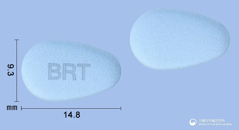 테노원정(테노포비르디소프록실) 앞뒤 사진 (파란색 기타, 각인 BRT)