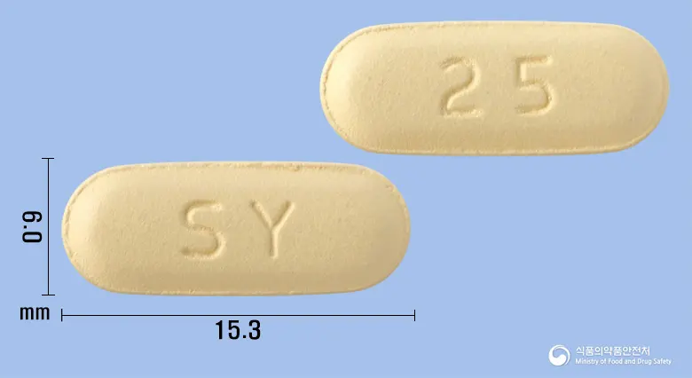 레날리드정(레날리도마이드) 앞뒤 사진 (노란색 장방형, 각인 SY / 25)
